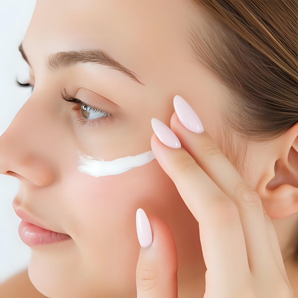Applying eye cream in the correct skin care order with face mask or serum first to treat dark circles, puffiness, and fine lines as part of a 7 step skincare routine.