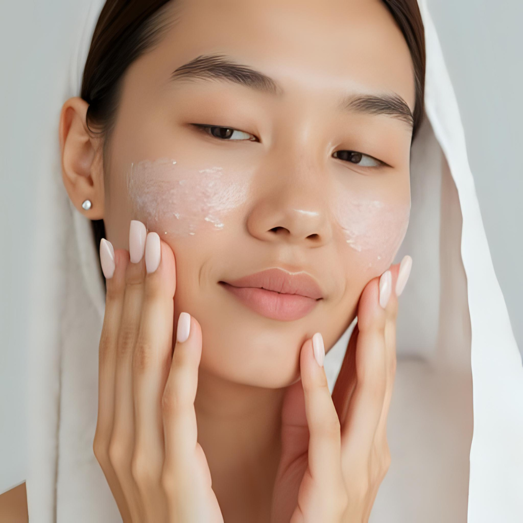Woman cleansing her face as the first step of skincare before makeup, using a gentle cleanser to prepare face for makeup and remove dirt and oil for perfect skin prep.