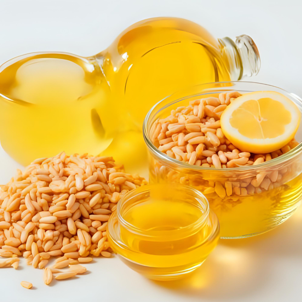 Illustration showing Vitamin E oil wheat germ with key nutrients like linoleic acid and oleic acid — explaining the benefits of wheat germ oil for skin nourishment and repair. Infographic of germ wheat oil ingredients including squalene, omega-6, and omega-9 — showcasing wheat oil benefits and hydration effects in skincare routines.