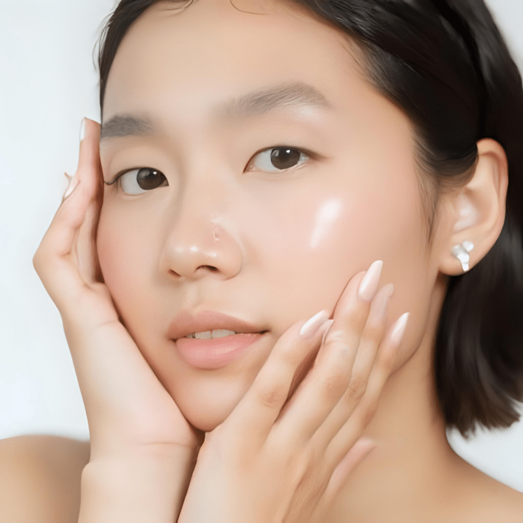 Step one of korean skincare routine for combination skin showing hydrating toner being applied with hands — emphasizing lightweight moisture and balanced skin.