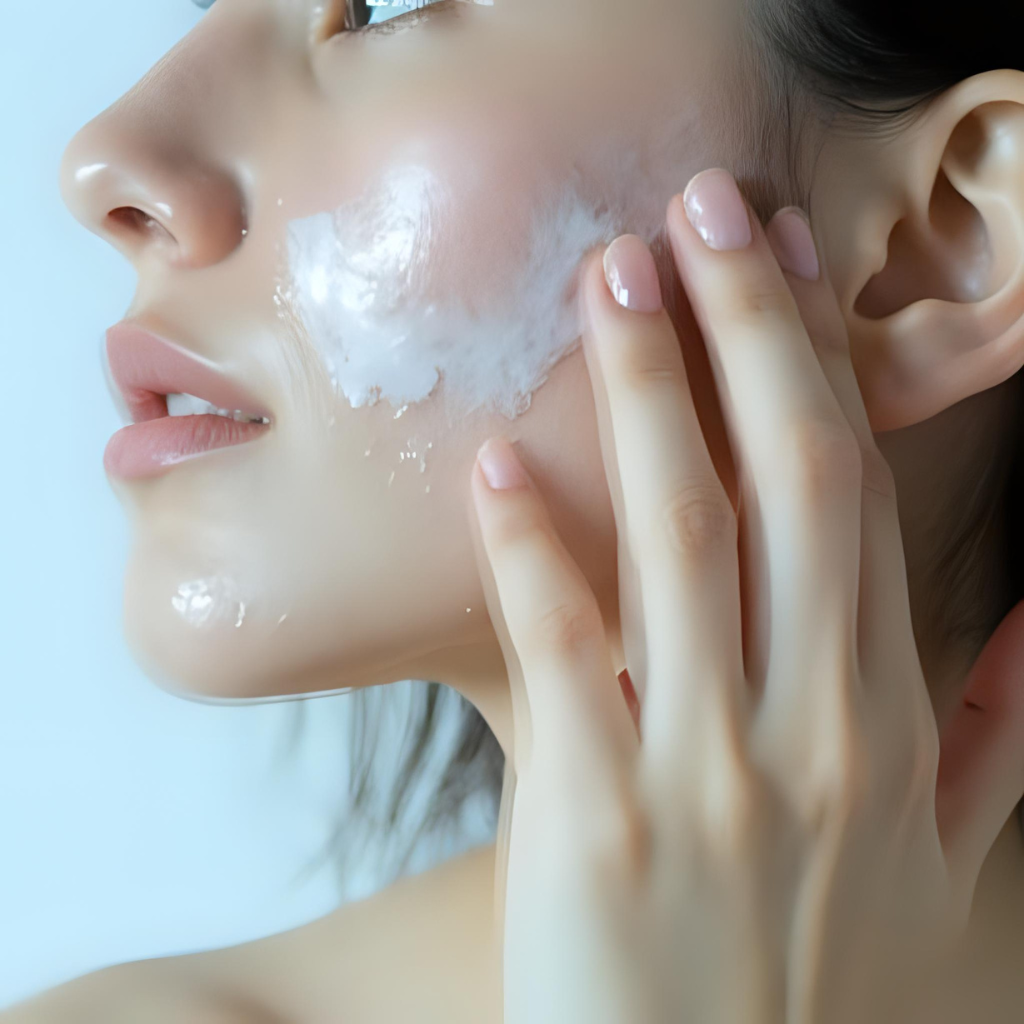 Illustration of a morning cleansing step showing gentle products for different skin types as part of a beginner skincare routine.