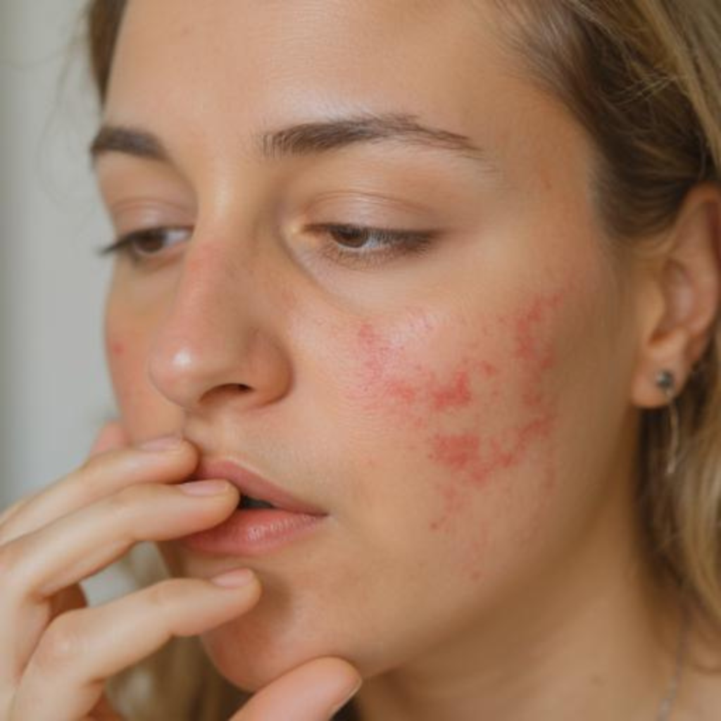 Does protein powder cause pimples? Image showing whey protein shake triggering IGF-1 surge and acne development.