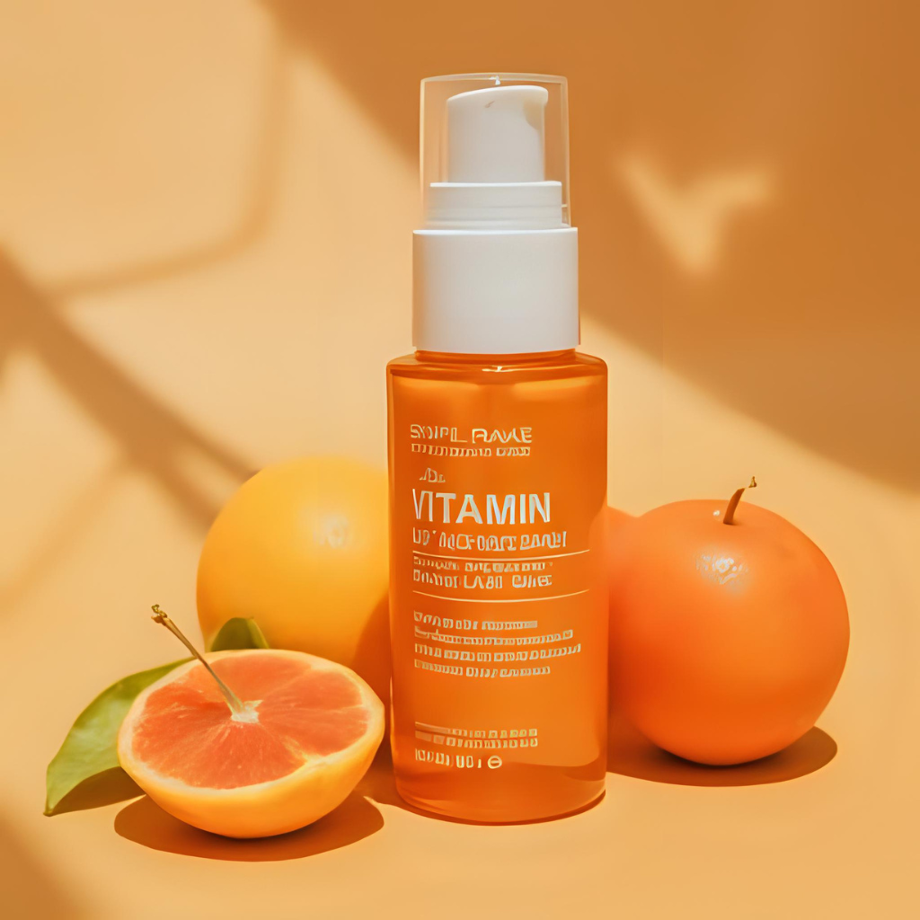 Vitamin C serum bottle illustration highlighting brightening benefits for sun-prone skin and how to glow your skin in Florida using antioxidants.